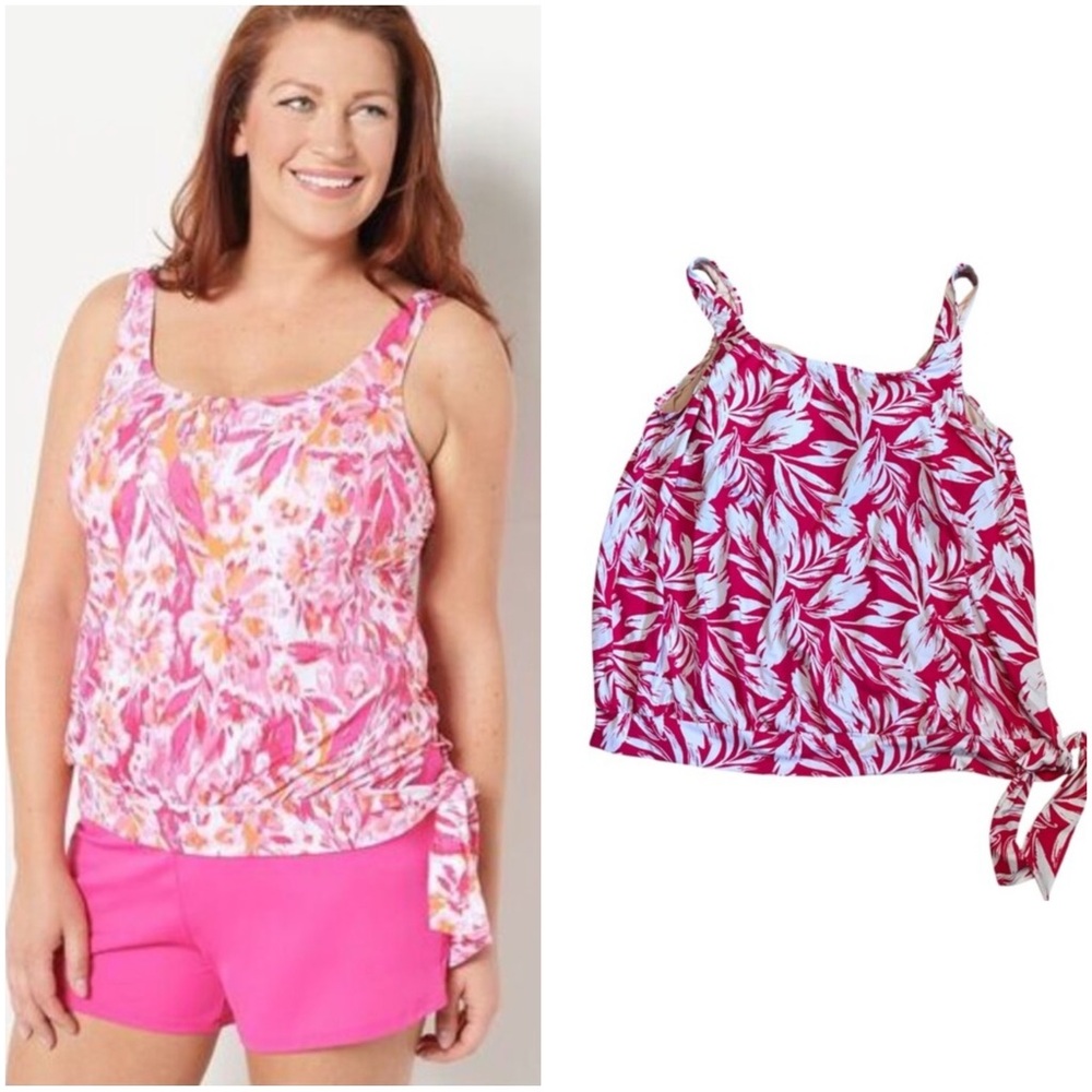 Swimsuits for All Pink White Tropical Print Side Tie Blouson Tankini Top